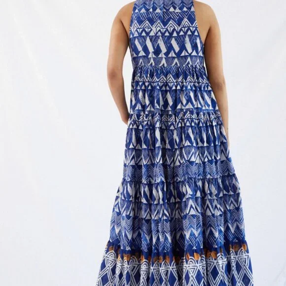 Anthropologie Tiered Abstract Maxi Blue Geometric Cotton Dress - Picture 4 of 12